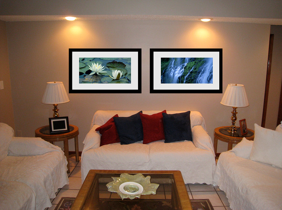 Virtual fitting of "Waterlilies" and "Proxy Falls 1H" as matted and framed photographs